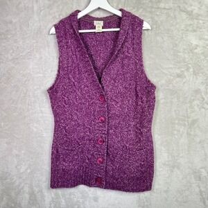 L.L. Bean Women's Purple Cable Knit Sweater Vest Cardigan V-Neck Wool Blend L